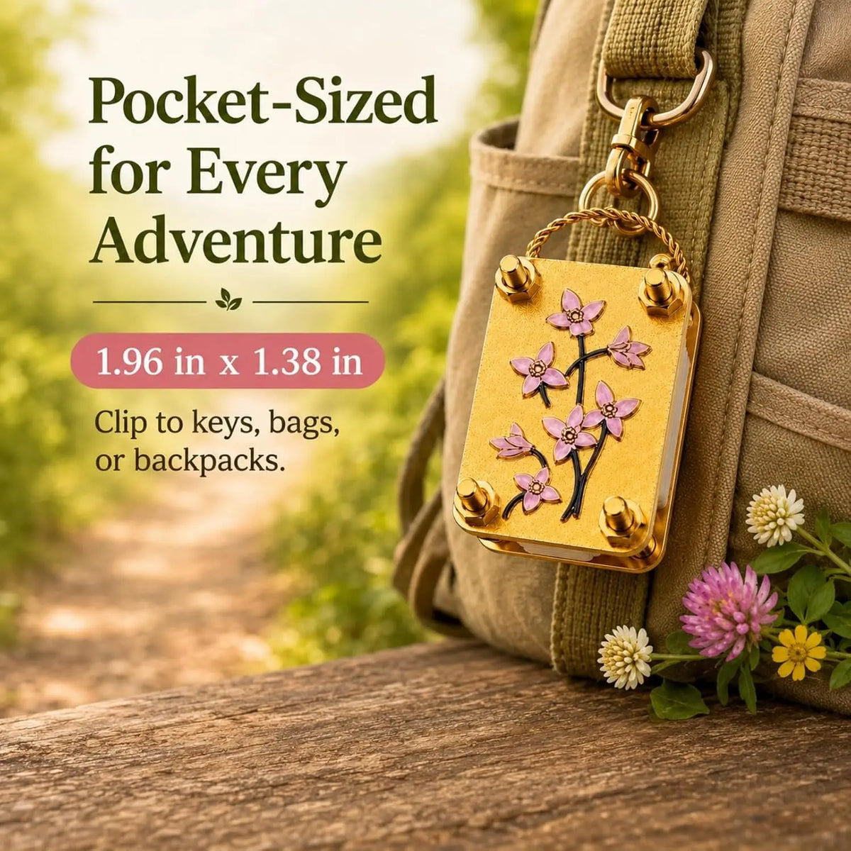 Pocket-sized flower press clipped to a backpack